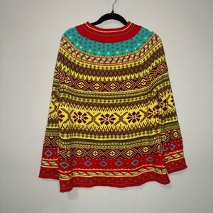 Vintage Womens Fair Isle Knit Sweater Multicolor Geometric Pullover Red Yellow